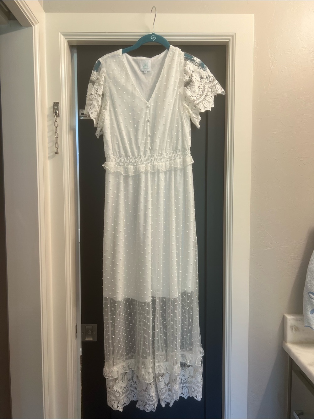 White Lace Midi Dress with Swiss Dot and Ruffle Hem